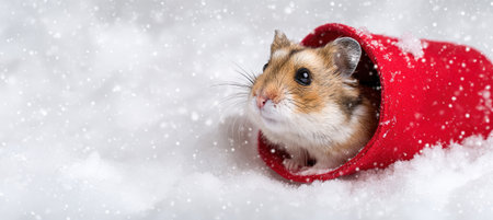 Hamster in Red Christmas Stocking on Faux Snow Backgroundの素材