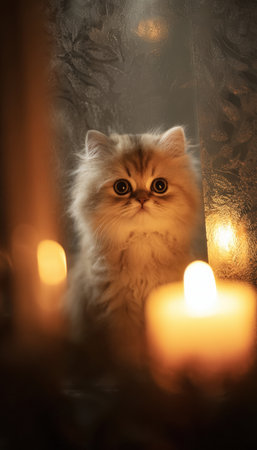 Curious Persian Kitten Behind Frosted Glass with Candlelight Glowの素材