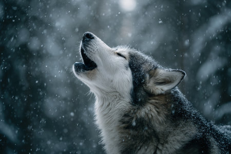 Husky Howling in Snowy Forest Clearing with Cinematic Atmosphereの素材