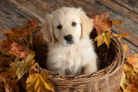Golden Retriever Puppy in Wicker Basket with Autumn Leavesの素材