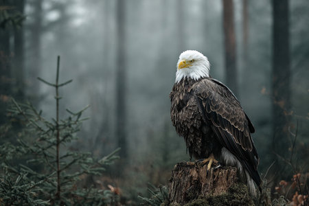 Bald Eagle on Tree Stump in Misty Forest with American Flag Backgroundの素材