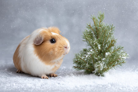 Guinea Pig Beside Miniature Pine Tree in Faux Snow on Bright Backgroundの素材