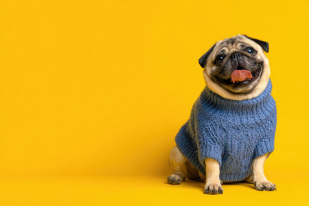 Adorable Pug in Blue Sweater Against Vibrant Yellow Backgroundの素材