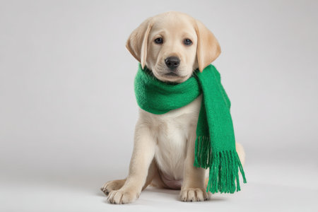 Adorable Labrador Puppy in Green Scarf on White Backgroundの素材