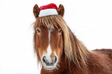 Brown Horse with Fluffy Mane in Santa Hat on White Backgroundの素材