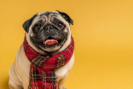 Adorable Pug in Red Plaid Scarf on Yellow Backgroundの素材