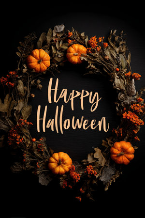 Autumn Wreath with Pumpkins and Leaves Featuring Happy Halloween Calligraphyの素材