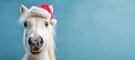 Adorable White Pony in Santa Hat Against Blue Backgroundの素材