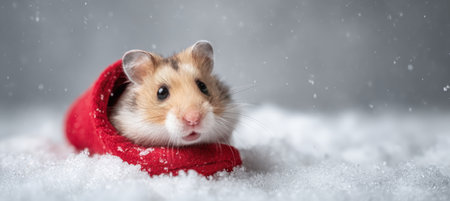 Adorable Hamster in Red Christmas Stocking on Snowy Studio Backgroundの素材