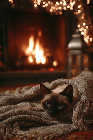 Siamese Cat Relaxing by Fireplace in Cozy Wool Blanket, Festive Winter Atmosphereの素材
