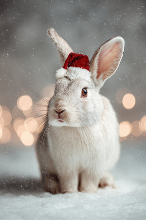 Adorable Rabbit in Santa Hat on Faux Snow with Glowing Backgroundの素材
