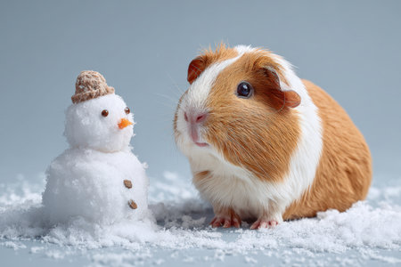 Guinea Pig with Miniature Snowman in Bright Studio Settingの素材