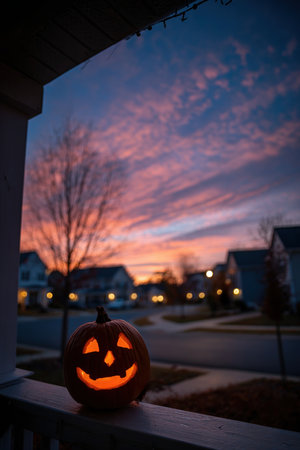 Jack-o-lantern on Porch at Twilight with Vibrant Sunset Skyの素材