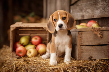 Beagle Puppy on Hay Bale with Apples and Pears in Rustic Barn Settingの素材