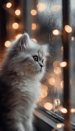 Persian Kitten Gazing Through Frosted Window with Bokeh Lightsの素材