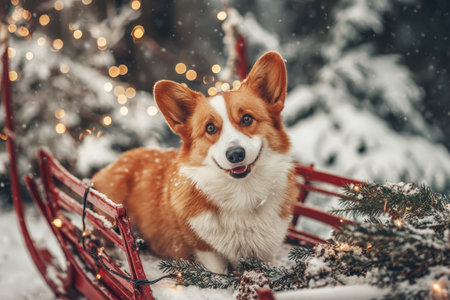 Corgi in Red Sleigh with Pine Branches and Fairy Lights on Snowの素材