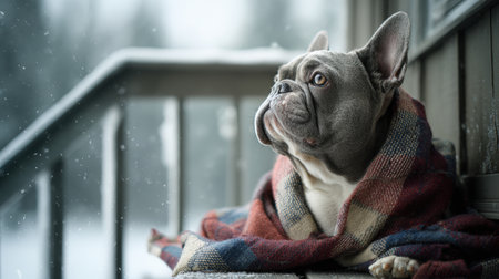 French Bulldog in Plaid Blanket on Snowy Porch Looking Thoughtfulの素材