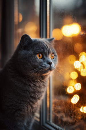 British Shorthair Cat Gazing Through Frosted Window with Warm Indoor Lightsの素材