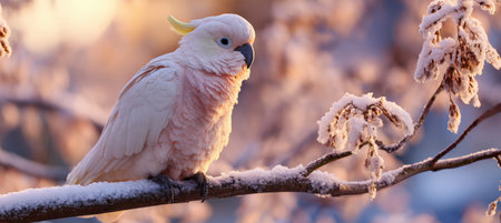 Cockatoo Perched on Snowy Branch in Winter Sunrise Glowの素材