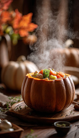 Autumn Pumpkin Stew with Steam in Cozy Fall Settingの素材