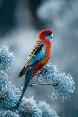 Vibrant Parrot Perched on Frosted Pinecone Branch in Winter Sceneの素材