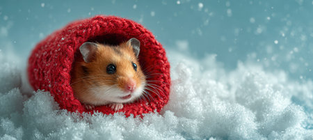 Hamster Cozy in Red Mitten on Faux Snow with Pastel Backgroundの素材