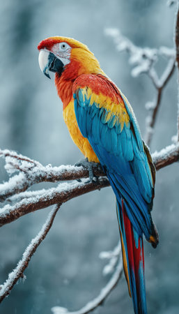 Vibrant Parrot Perched on Snowy Branch in Winter Wonderlandの素材