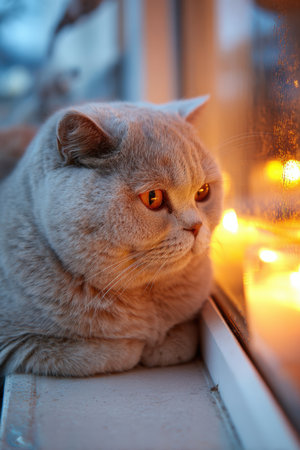 British Shorthair Cat Relaxing by Frosted Window with Candlelightの素材