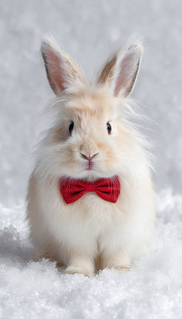 Fluffy Angora Rabbit with Red Bow Tie on Snowy Backgroundの素材