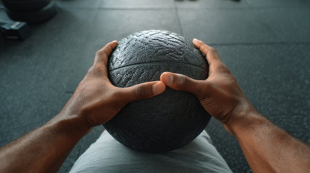First-Person View of Hands Holding Medicine Ball During Ab Workoutの素材