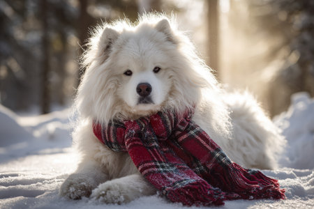 Fluffy Samoyed Dog in Snow with Red Plaid Scarf and Sunlit Haloの素材