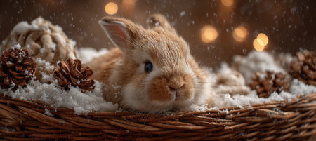 Fluffy Rabbit in Wicker Basket with Pinecones and Snow in Warm Lightの素材