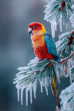 Colorful Parrot Perched on Icy Pine Branch in Winter Wonderlandの素材