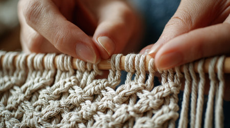 First-Person View of Hands Weaving Macrame with Cotton Rope and Wooden Ringの素材
