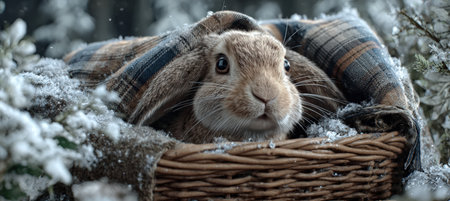 Fluffy Rabbit in Wicker Basket with Tartan Fabric and Faux Snowの素材