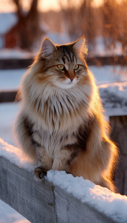 Siberian Cat Sitting on Snowy Fence in Winter Sunlightの素材