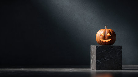 Elegant Jack-o-lantern on Marble Pedestal with Dramatic Lightingの素材