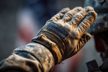 Close-Up of Soldiers Gloved Hand Saluting with American Flag Backgroundの素材