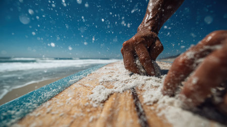 First-person view of applying anti-slip wax to surfboard on sandy beachの素材