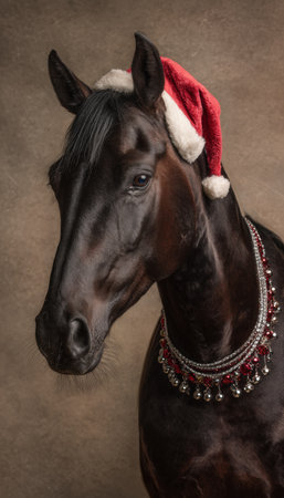 Elegant Dark Bay Horse in Santa Hat and Jingle Bell Necklace on Beige Backgroundの素材