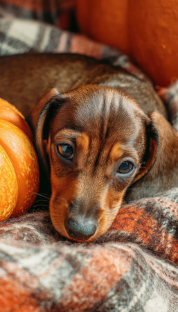 A dachshund puppy is curled up on a plaid blanket beside a pumpkin, creating a cozy autumn scene. The soft lighting enhances the warmth and comfort of this close-up portrait.の素材