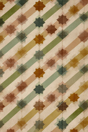 Seamless 1970s style wallpaper pattern featuring repeating stars and diagonal stripes in muted, faded colors. This vintage texture offers a clean and nostalgic design.の素材