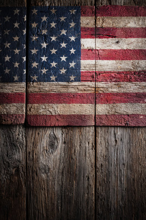 Rustic background featuring a vintage American flag overlay on aged wooden planks. Ideal for patriotic themes, promotional backdrops, and authentic rustic designs.の素材