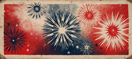 Vintage poster featuring stylized fireworks and bold flag elements in a screen print style. Halftone effects and an aged paper backdrop enhance its retro appeal.の素材