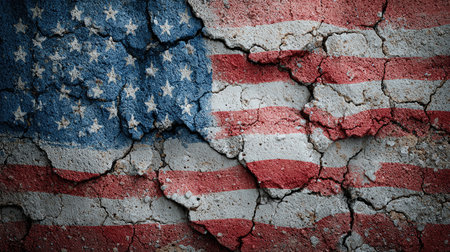 High-resolution image featuring a grunge abstract texture with distressed American flag elements blended into a cracked wall surface, creating a bold and rugged look.の素材