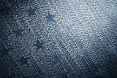 High-detail metallic texture featuring etched stars and brushed stripes in a cool-toned silver-blue palette, creating an industrial and modern aesthetic.の素材