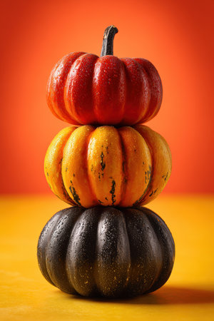 Three pumpkins are stacked vertically, each painted in red, orange, and black. The image features a vibrant gradient background, creating a striking conceptual promotional visual.の素材