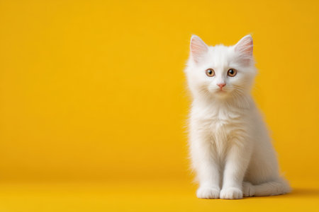 A fluffy white kitten sits on a bright yellow background, looking directly at the camera. The high-key lighting and empty space on the right make it ideal for adding text.の素材