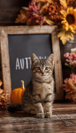 A cute tabby kitten sits in front of a blank chalkboard, surrounded by autumn decor. The warm lighting enhances the cozy fall atmosphere, perfect for custom sale messages.の素材