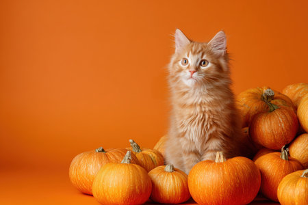 A fluffy ginger kitten sits beside a pile of pumpkins on a bright orange background. The image features high-key commercial lighting and ample copy space for text.の素材